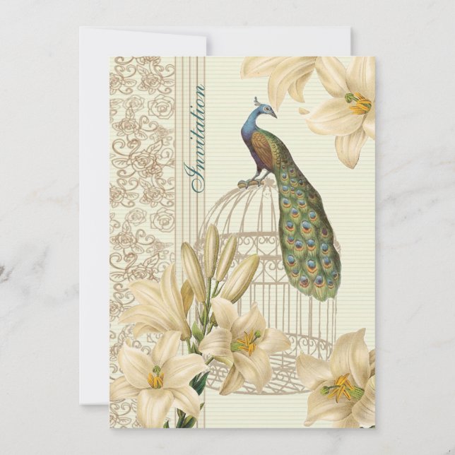 Invitación elegante boda de pavo real con flores de lirio bla (Reverso)