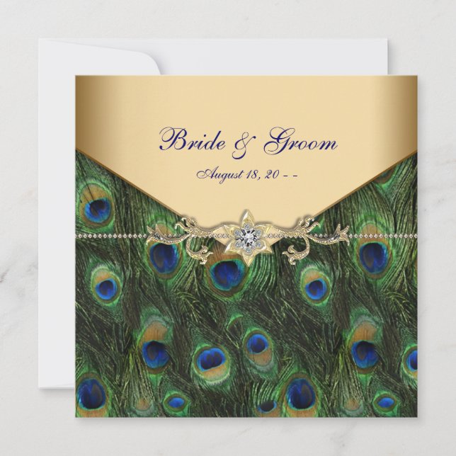Invitación Elegante Boda de pavo real de oro (Anverso)