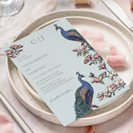 Invitación Elegante Boda de pavo real floral azul