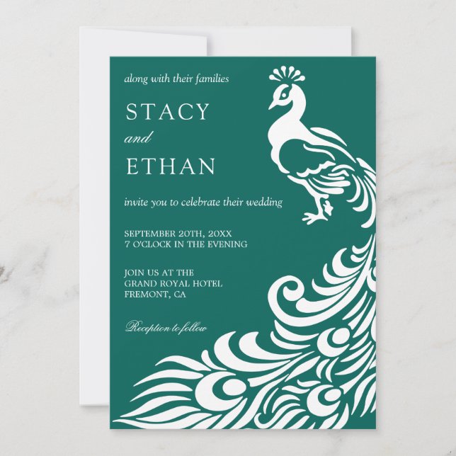 Invitación Elegante Boda de Peacock Verde y Blanco del Mar (Anverso)