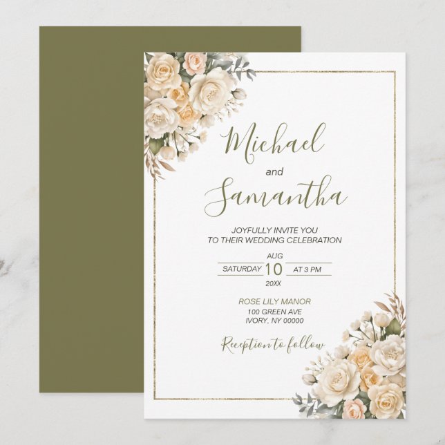 Invitación Elegante Boda de Pearl White y Rosa de Marfil (Anverso / Reverso)