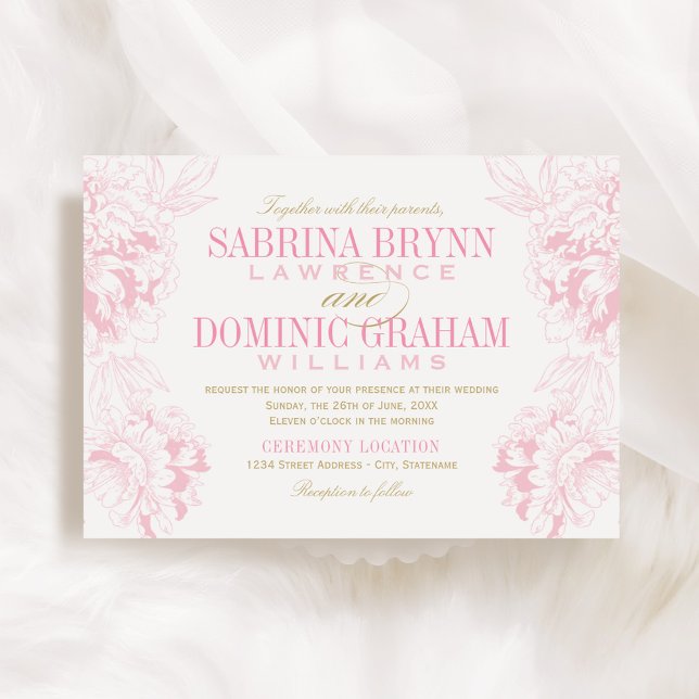 Invitación Elegante Boda de peones con flores rosadas y dorad (Subido por el creador)