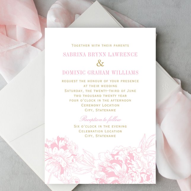 Invitación Elegante Boda de peones con flores rosadas y dorad (Subido por el creador)