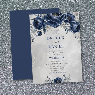 Invitación Elegante Boda de Peonía Anémona Plateada Navy