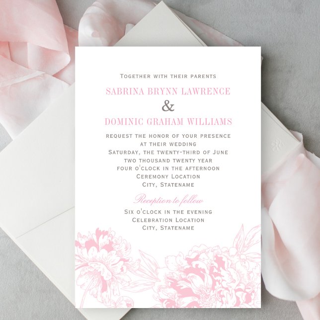 Invitación Elegante Boda de Peonía de Flores Gris Rosa (Subido por el creador)