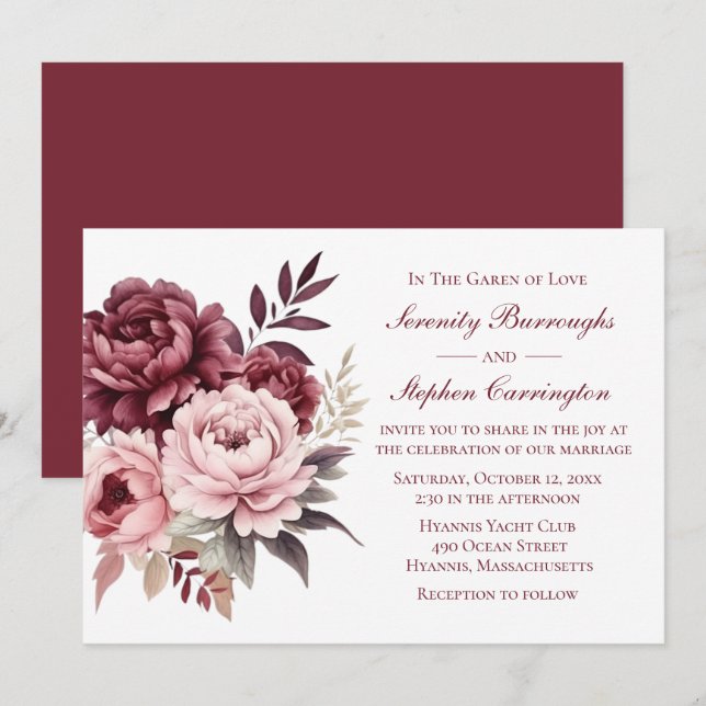 Invitación Elegante Boda de Peonía Floral Borgoña (Anverso / Reverso)