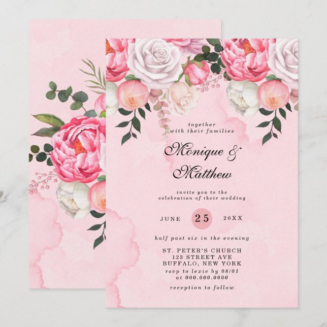 Invitación Elegante Boda de Peonies de color blanco rosado (Anverso / Reverso)
