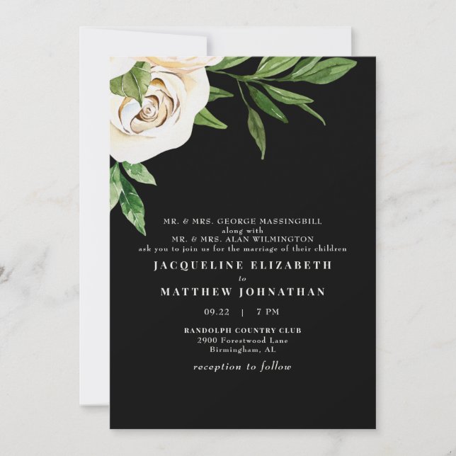 Invitación Elegante Boda de Peonies de Crema Negra (Anverso)
