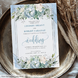 Invitación Elegante Boda de Peonies de Plata Blanca Azul Polv