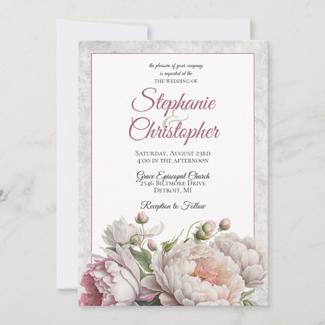 Invitación Elegante Boda de Peonies Florales Blancas Rosadas (Anverso)