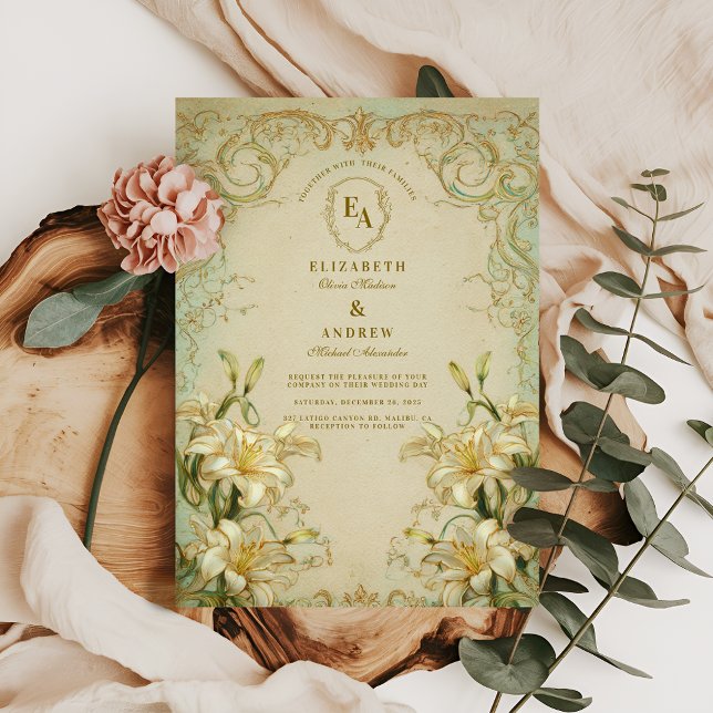 Invitación Elegante Boda de pergamino marfileño Lily Gold (Subido por el creador)