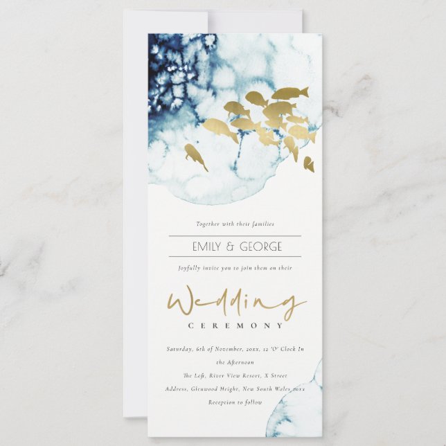 INVITACIÓN ELEGANTE BODA DE PESCADO MARÍTIMO DE ORO BAJO EL M (Anverso)