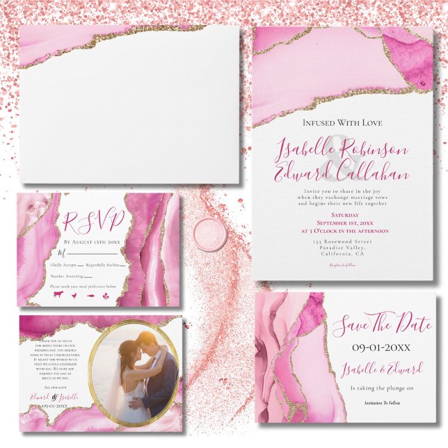 Invitación Elegante Boda de Piedra de Agate Rosado y Oro de P (Subido por el creador)