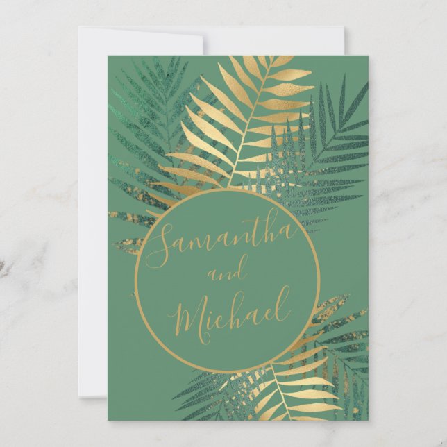 Invitación Elegante Boda de Plantas Tropicales Oro y Verde (Anverso)