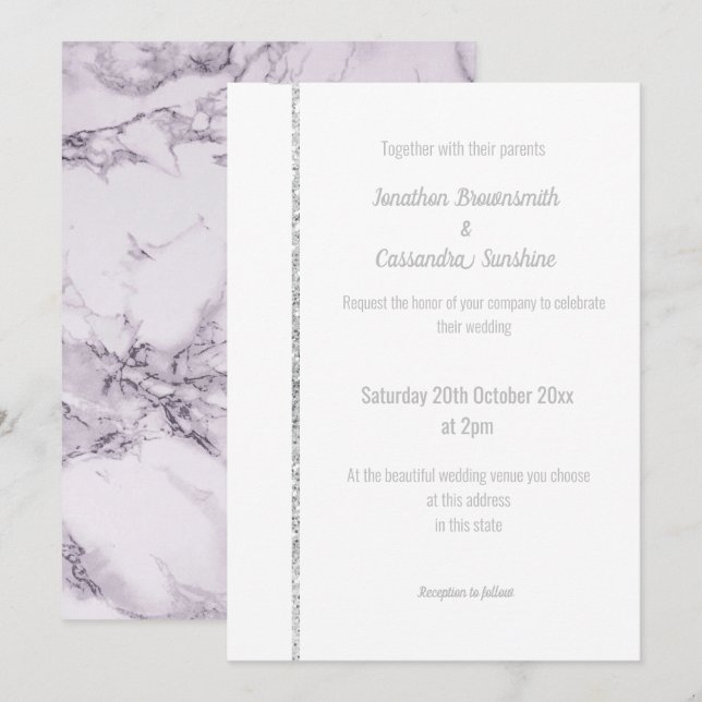 INVITACIÓN ELEGANTE BODA DE PLATA DE MÁRMOL PURPLE (Anverso / Reverso)