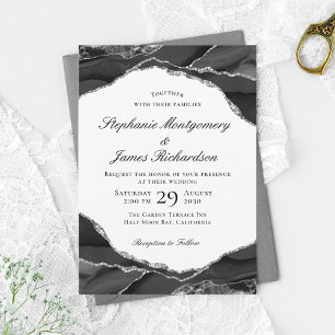 Invitación Elegante boda de plata negra con ágata