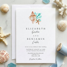 Elegante Boda de Playa con Acuarela de Conchas Mar