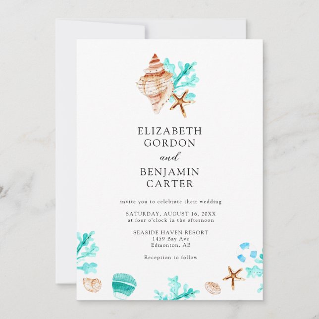 Invitación Elegante Boda de Playa con Acuarela de Conchas Mar (Anverso)