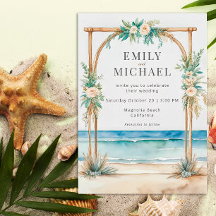 Invitación Elegante Boda de Playa con Arco Costero en Acuarel