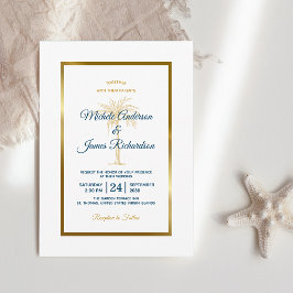 Invitación Elegante boda de playa con palmera azul tropical y