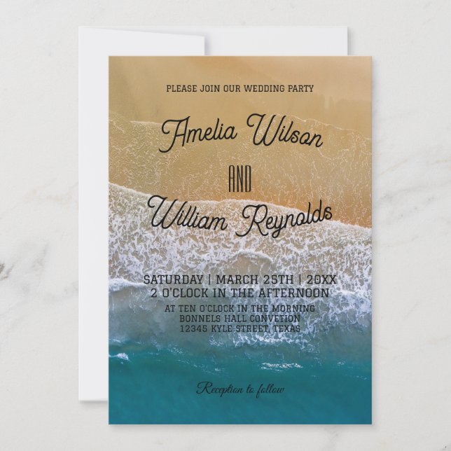Invitación Elegante Boda de playa de arena de olas de mar (Anverso)