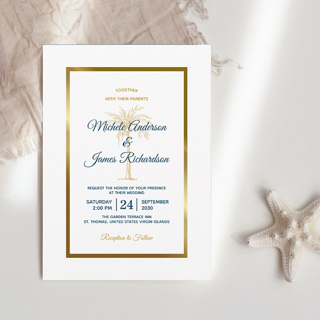 Invitación Elegante Boda de Playa Tropical de Oro Azul Palm T (Subido por el creador)