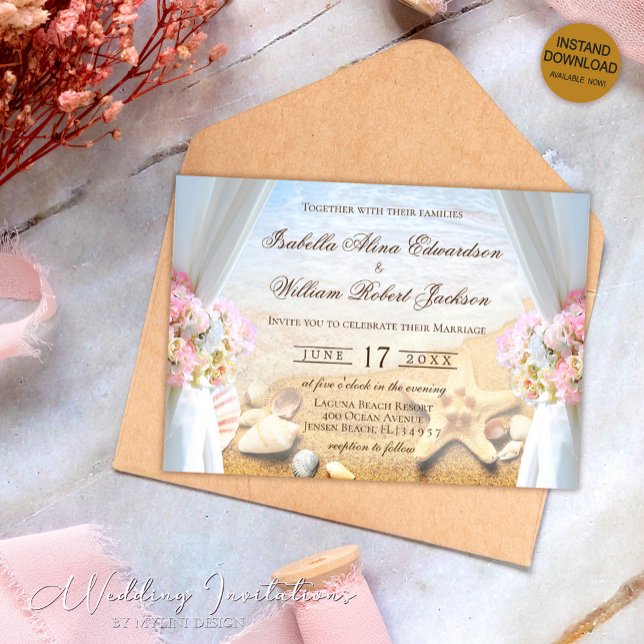 Invitación Elegante Boda de Playa Tropical Starfish Floral (Subido por el creador)