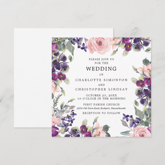 Invitación Elegante Boda de Plaza Floral Púrpura Rosa (Anverso / Reverso)