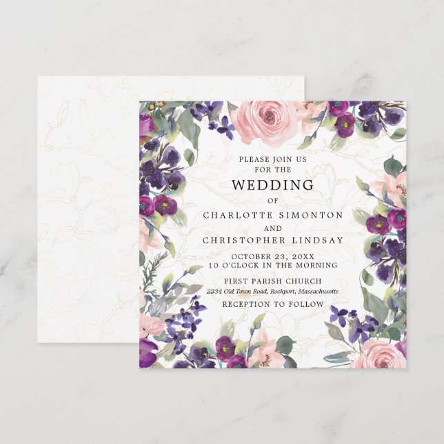 Invitación Elegante Boda de Plaza Floral Púrpura Rosa (Anverso / Reverso)
