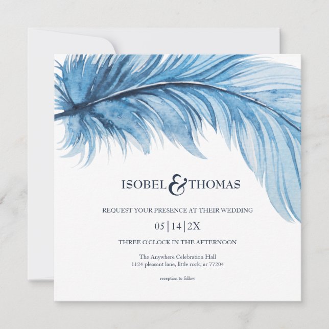 Invitación Elegante Boda de plumas de acuarela azul de la mar (Anverso)