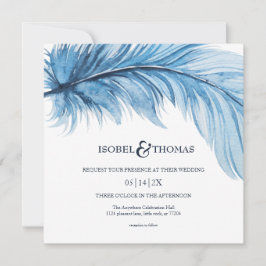 Invitación Elegante Boda de plumas de acuarela azul de la mar
