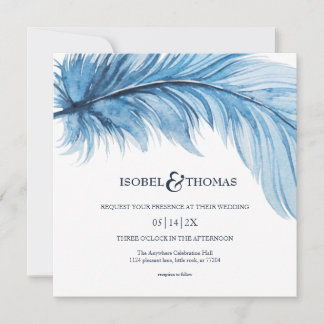 Invitación Elegante Boda de plumas de acuarela azul de la mar