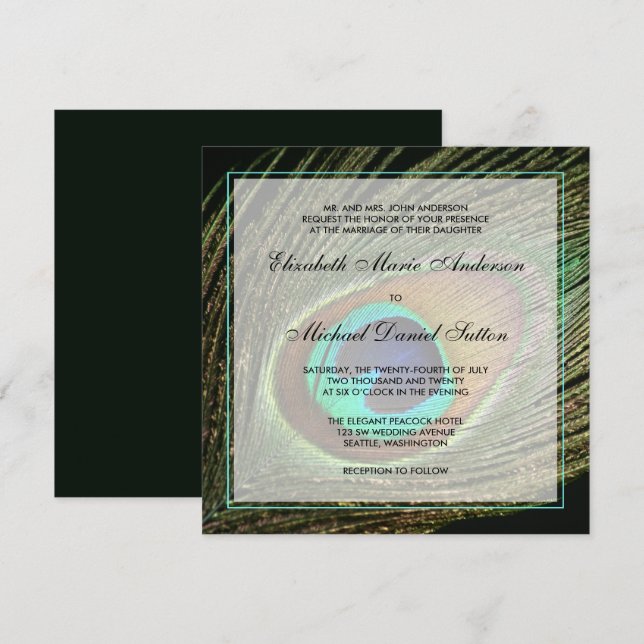 Invitación Elegante Boda de plumas de pavo real (Anverso / Reverso)