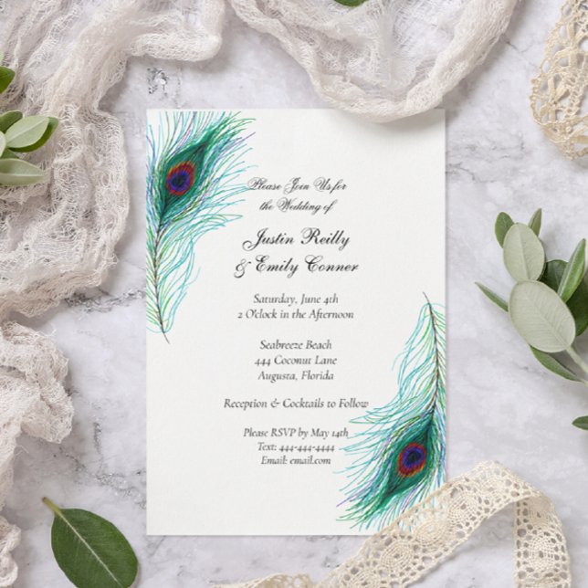Invitación Elegante Boda de plumas de pavo real (Subido por el creador)