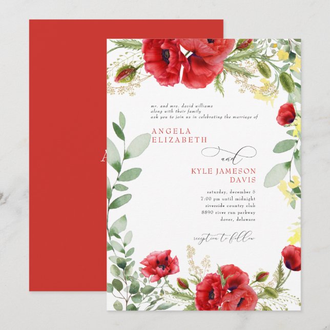 Invitación Elegante Boda de Poppies Rojos Coloridos (Anverso / Reverso)