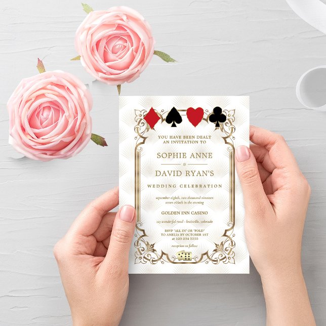 Invitación Elegante Boda de póquer del Casino Blanco de Oro L (Subido por el creador)
