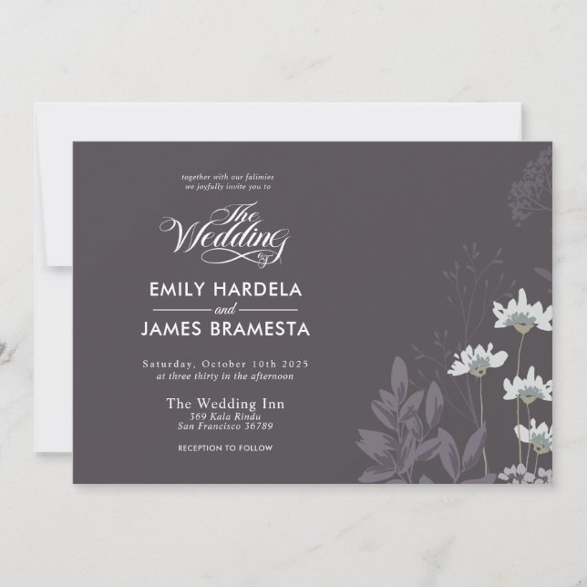 Invitación Elegante Boda de presupuesto floral y de fondo osc (Anverso)