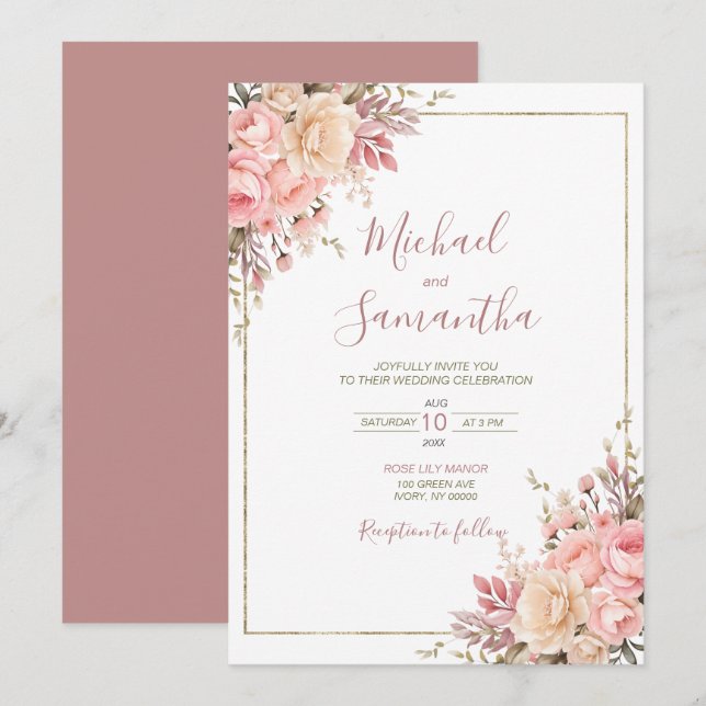 Invitación Elegante boda de primavera con Rosa de marfil y ro (Anverso / Reverso)
