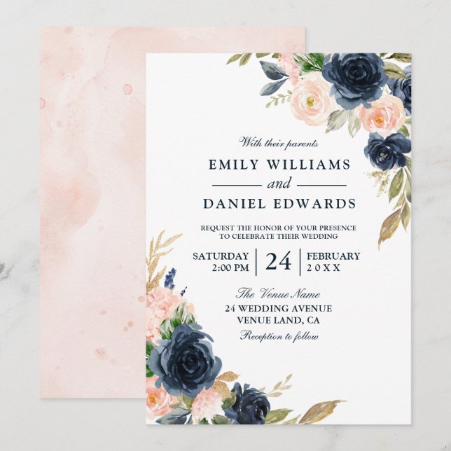 Invitación Elegante boda de primavera de la Marina Rosa y Pro (Anverso / Reverso)
