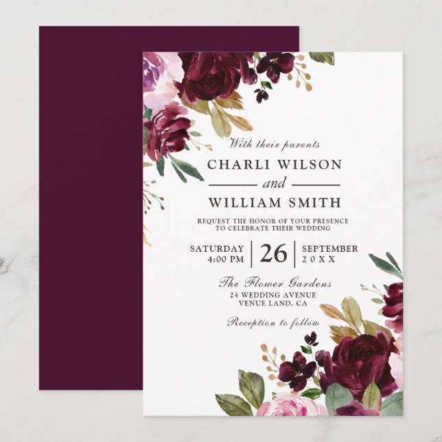 Invitación Elegante Boda de Primavera de Otoño con Floral Bor (Anverso / Reverso)