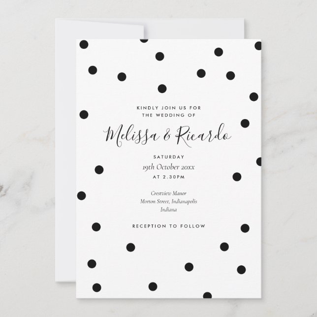 Invitación Elegante Boda de puntos de polka blanco y negro (Anverso)
