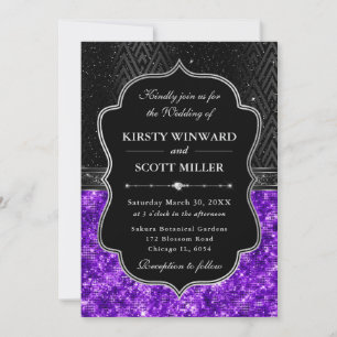 Invitación Elegante Boda de Purpura Plateado Negro con Lentej