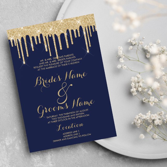 Invitación Elegante Boda de purpurina de oro azul de nave (Elegant nave blue gold glitter drips Wedding )