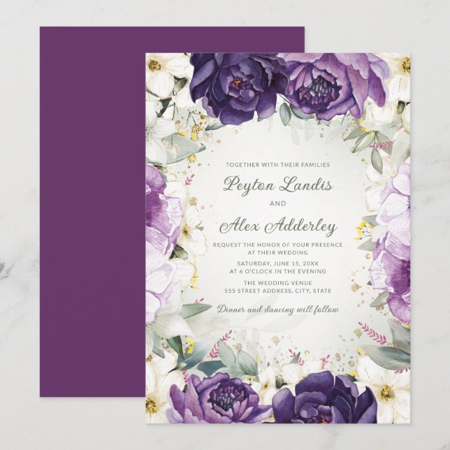 Invitación Elegante Boda de Purpurina floral blanco morado (Anverso / Reverso)