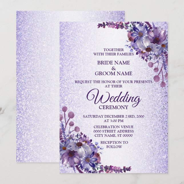 Invitación Elegante Boda de Purpurina floral rosa azul morado (Anverso / Reverso)