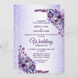 Invitación Elegante Boda de Purpurina floral rosa azul morado