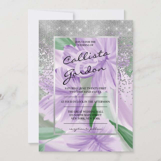 Invitación Elegante Boda de Purpurina floral verde morado (Anverso)