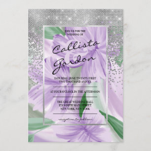 Invitación Elegante Boda de Purpurina floral verde morado
