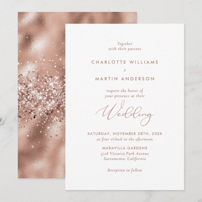 Invitación Elegante Boda de Purpurina Rosa de Relieve metaliz (Anverso / Reverso)