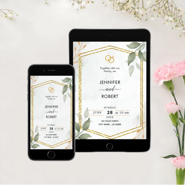 Invitación Elegante Boda de Purpurina Rústico de Verdor Oro (Capture the rustic elegance of your special day with our enchanting Rustic Greenery Wedding Invite.)